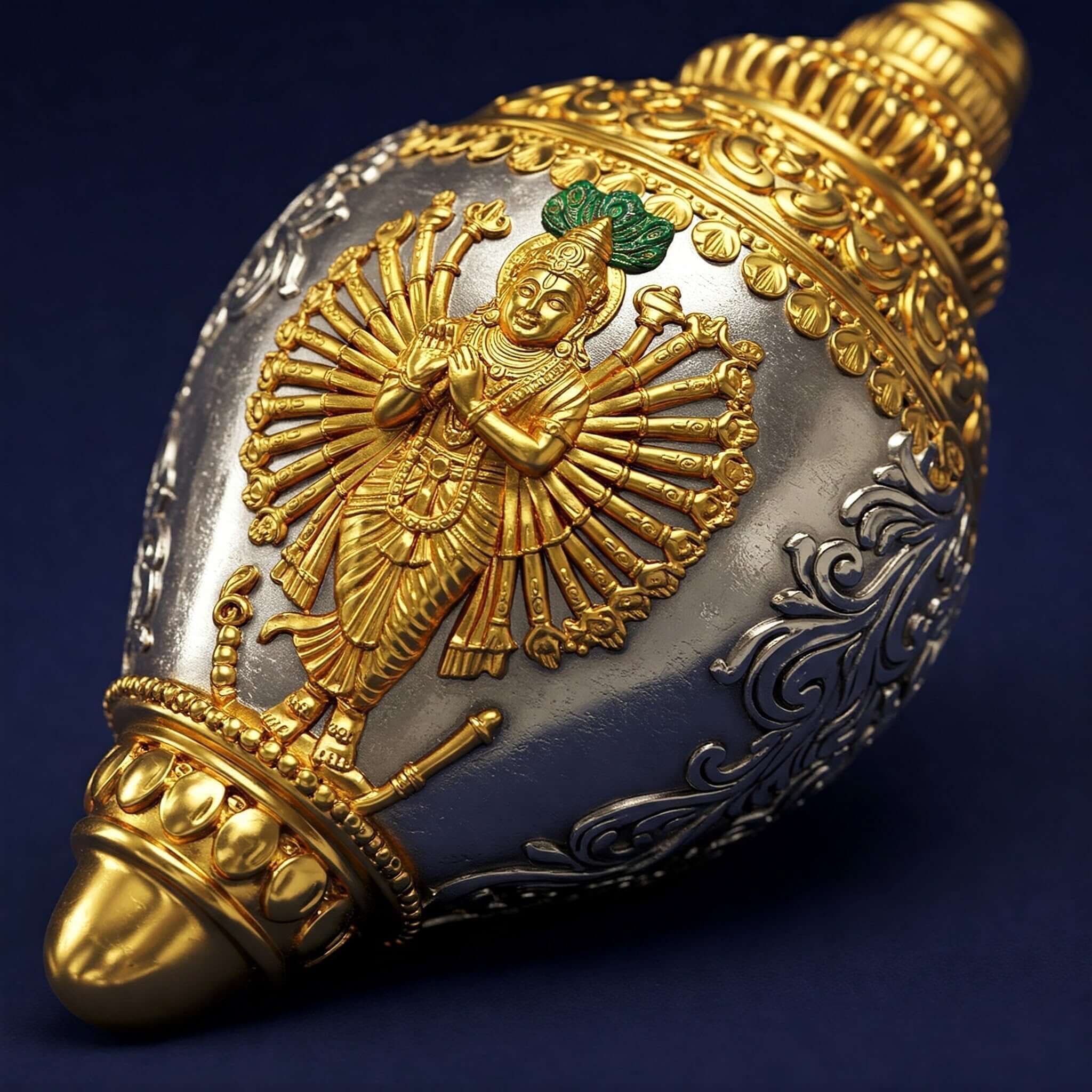 Gold and silver-plated conch shell with Goddess Lakshmi carving, symbolizing wealth and spiritual harmony in Hindu traditions.