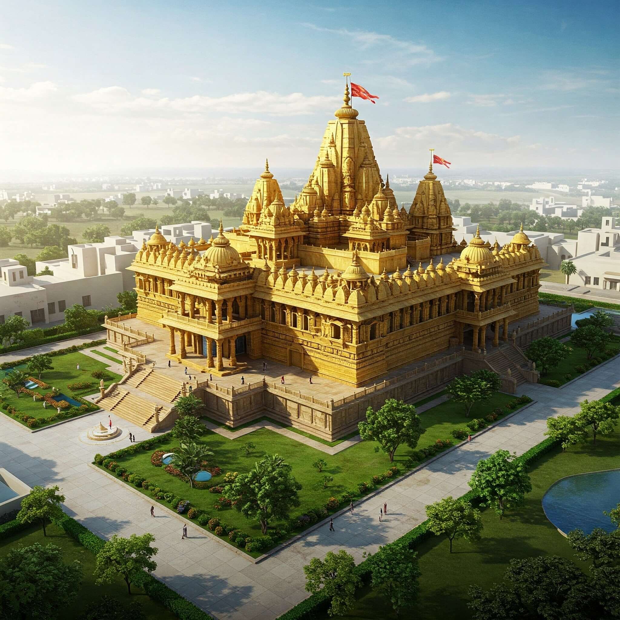 Illustration of the newly constructed Ayodhya Ram Mandir with golden architecture, lush gardens, and saffron flags under a clear sky.