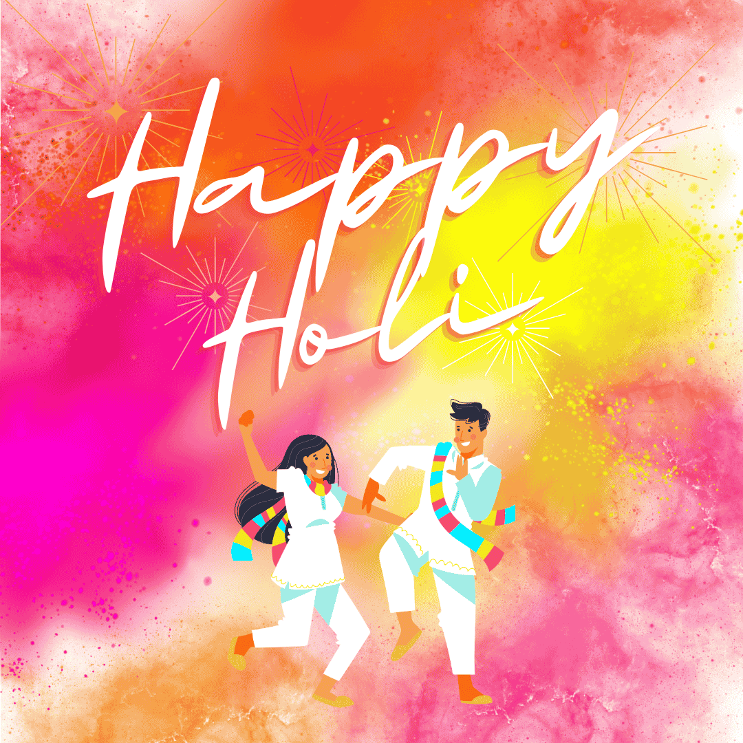 Illustration of a joyful Holi celebration with vibrant pink, orange, and yellow colors, showing people dancing with "Happy Holi" written in white.