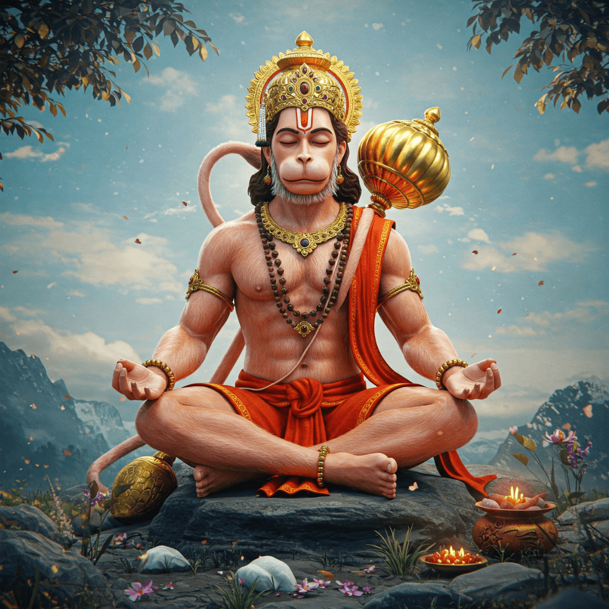 Hanuman Ji meditating under divine light with Gada