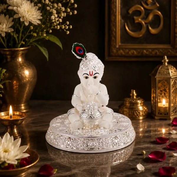 New Makhan Krishna idol, silver white finish, suited for baby shower gifting