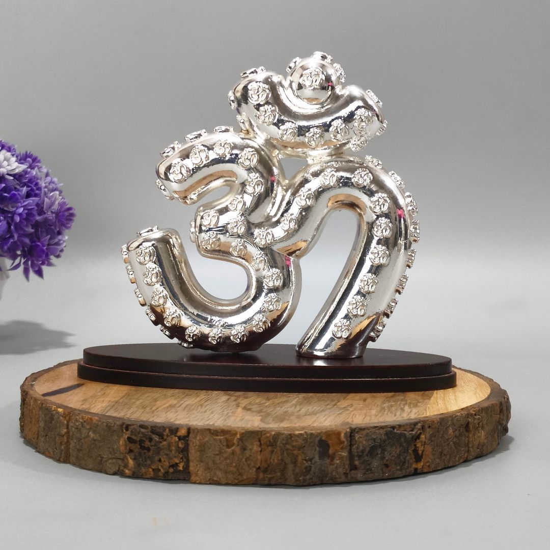 108 Sacred Om Silver Plated Idol with MDF Base for Home Décor