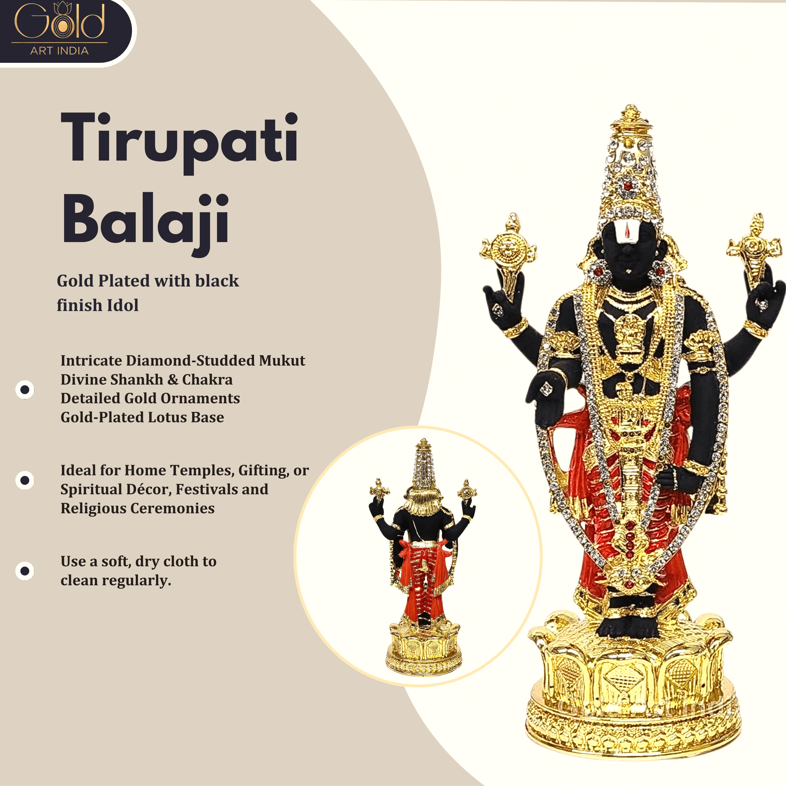 Gold and Silver-Plated Lord Tirupati Balaji Idol for Home & Office – Gold Art India