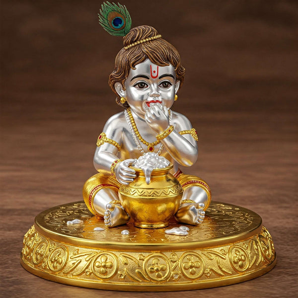 Makhan Krishna idol with gold and silver plating sitting on a lotus base – symbol of divine love and playfulness