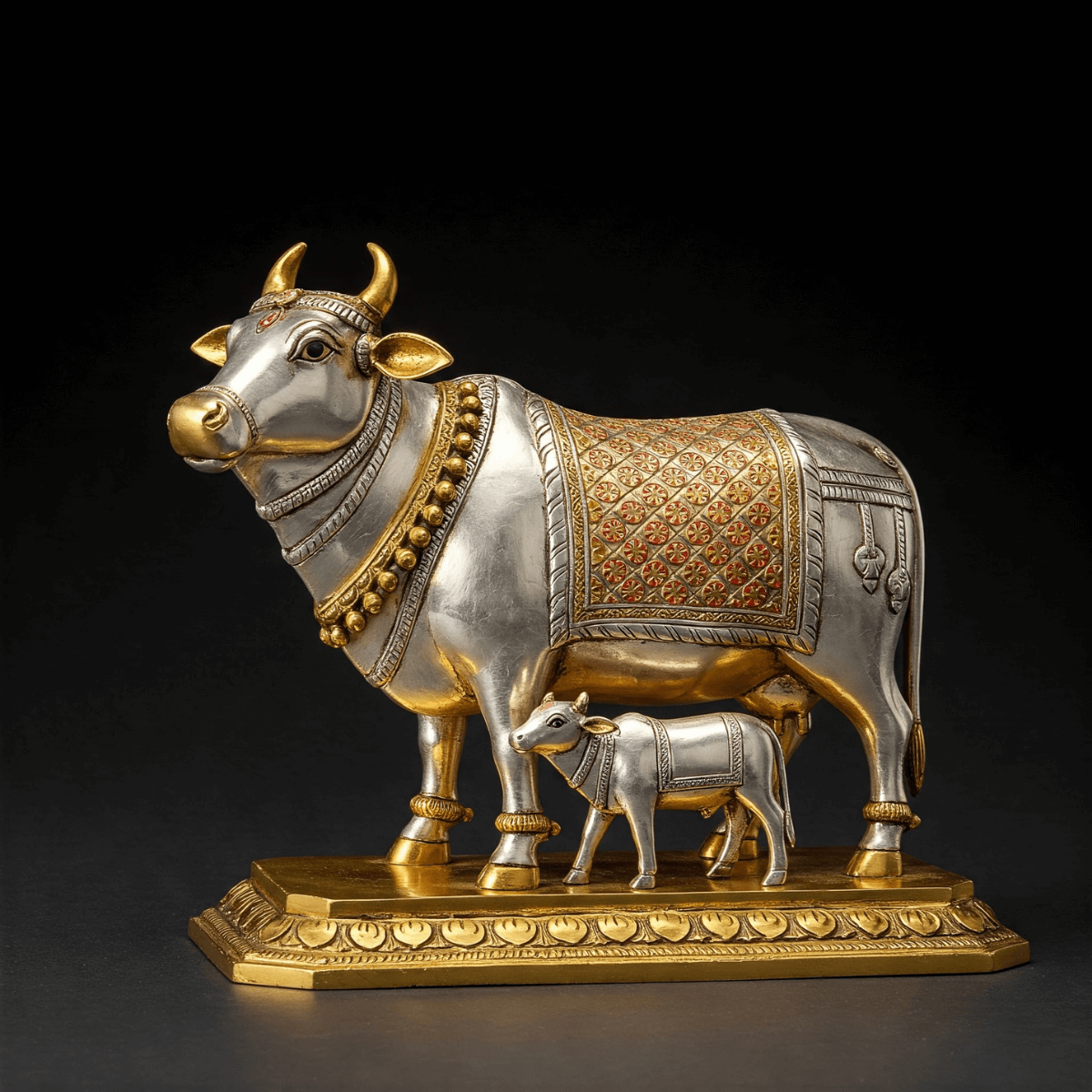 Silver-plated Kamdhenu cow with calf figurine representing purity, ideal for Vastu and spiritual decor by Gold Art India
