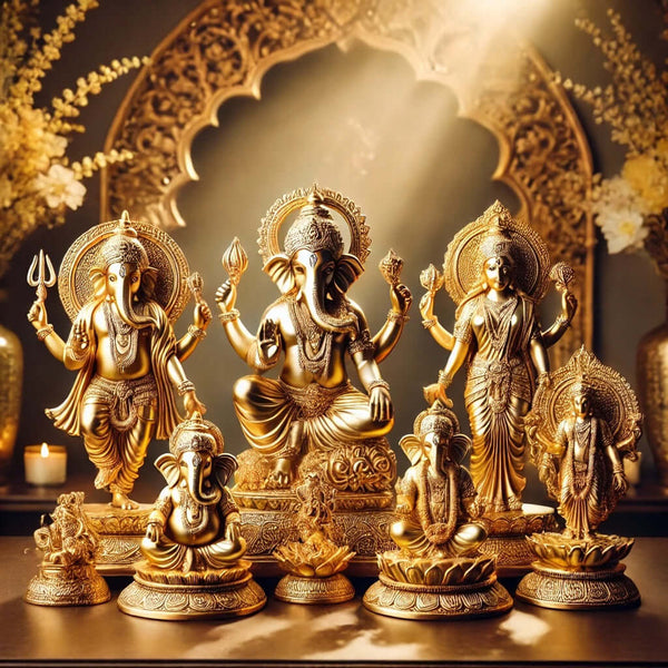 Gold and silver-plated Hindu god idols crafted with a 5-layer plating process for divine blessings, puja, and home decor by Gold Art India.