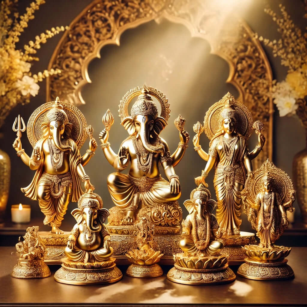 Gold and silver-plated Hindu god idols crafted with a 5-layer plating process for divine blessings, puja, and home decor by Gold Art India.