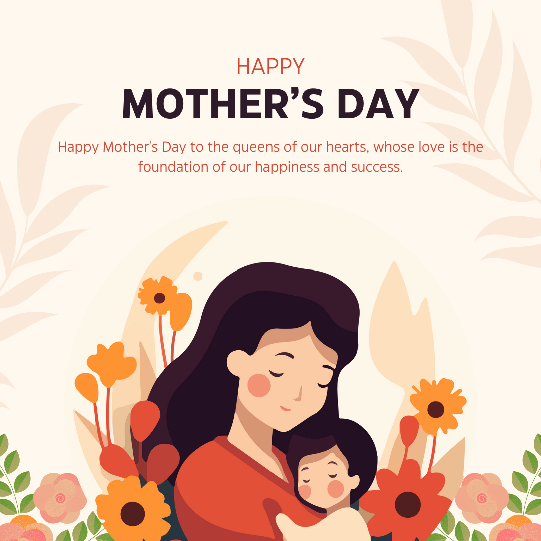 Illustration of a mother lovingly embracing her child with floral decorations and the text 'Happy Mother's Day' in a soft pastel background.