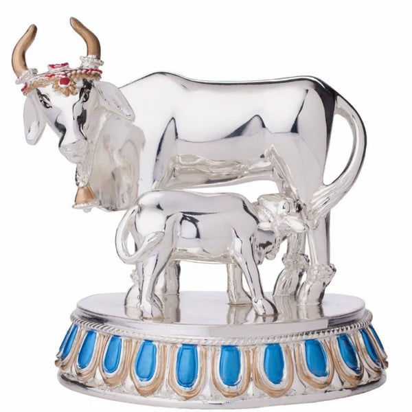 Large 999 silver plated Kamdhenu cow with calf idol, a premium housewarming gift