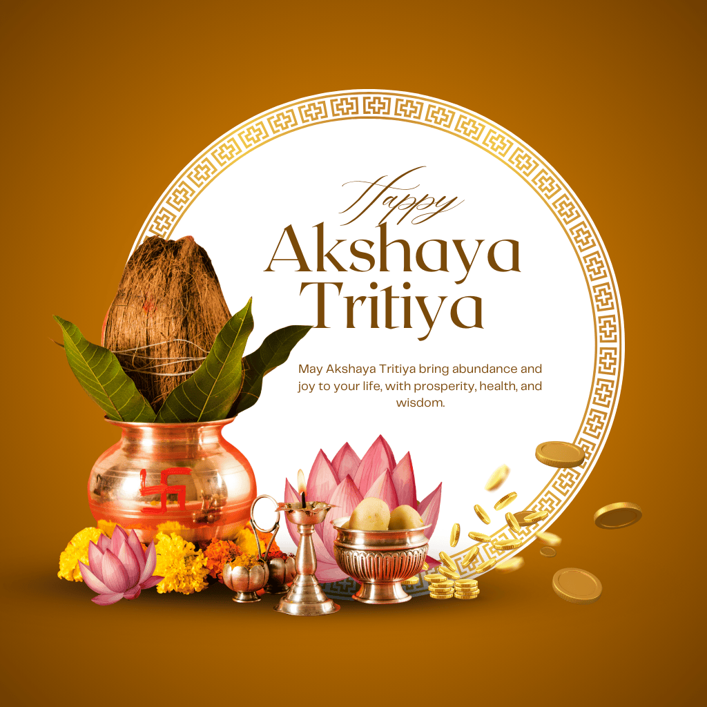 Akshaya Tritiya festive image with kalash, gold coins, lotus, and diya – symbolizing prosperity, blessings, and new beginnings – Gold Art India