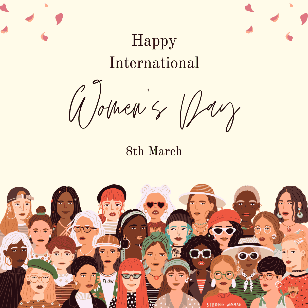 Illustration of diverse group of women celebrating International Women's Day with floral decorations and the text 'Happy International Women’s Day – 8th March'.