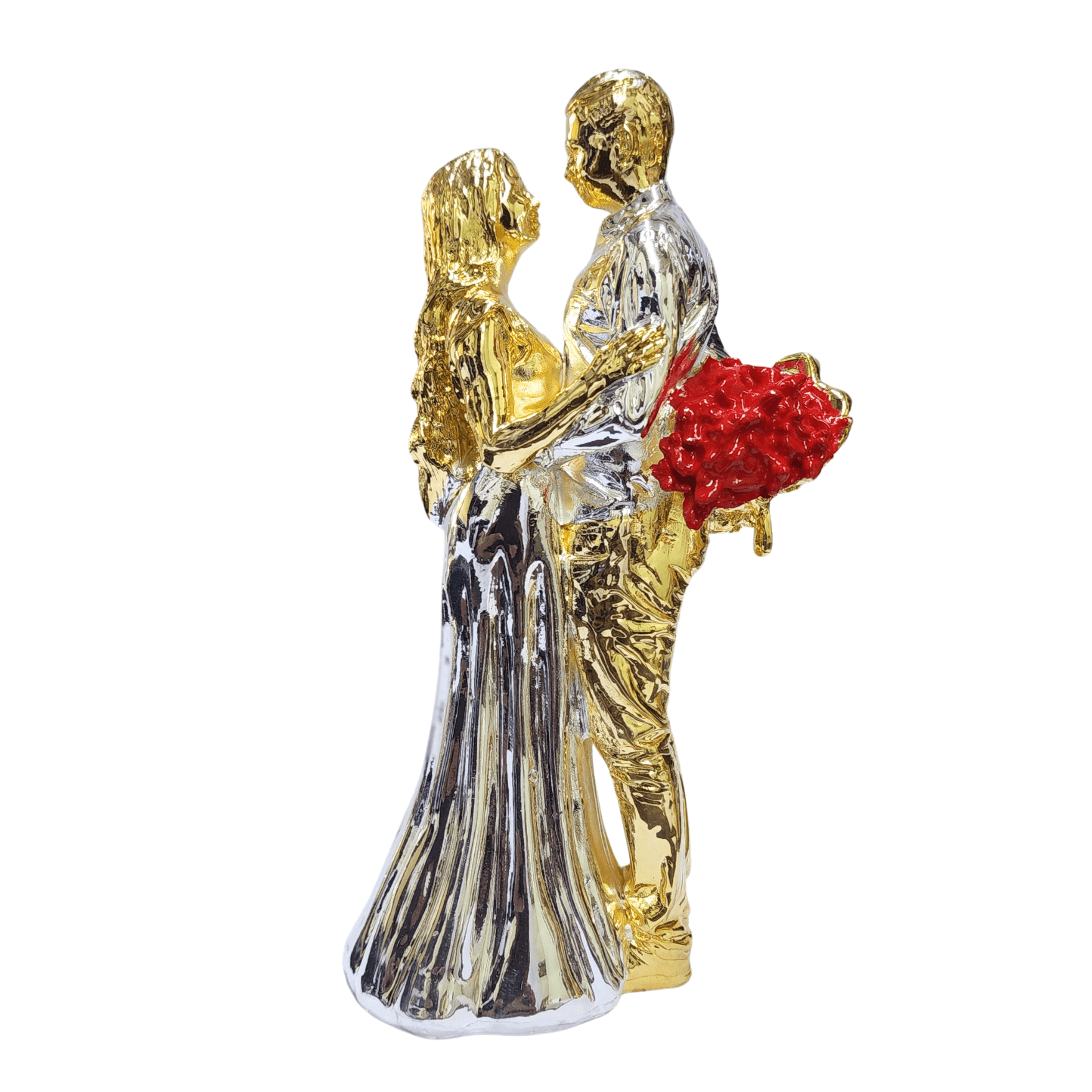 Gold and silver-plated romantic couple figurine from Gold Art India – crafted in poly-resin with a detailed metallic finish and vibrant red bouquet.
