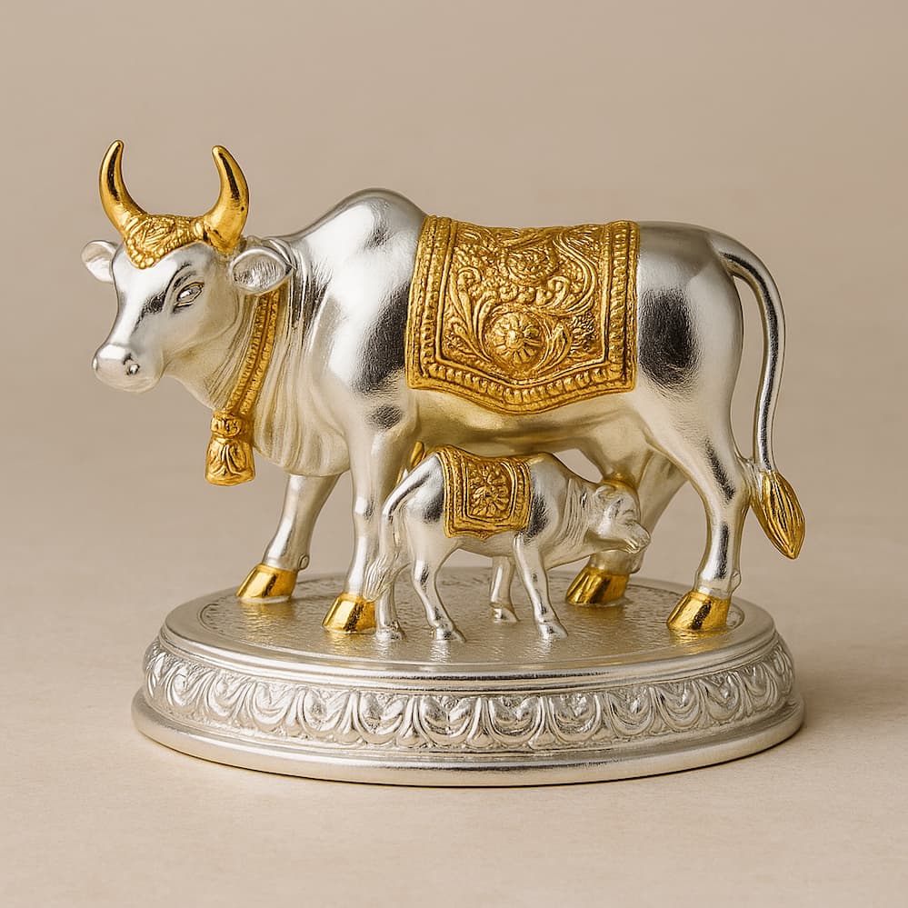 Silver and gold plated Kamdhenu cow with calf idol featuring intricate detailing, symbolic of prosperity and Vastu positivity – handcrafted by Gold Art India