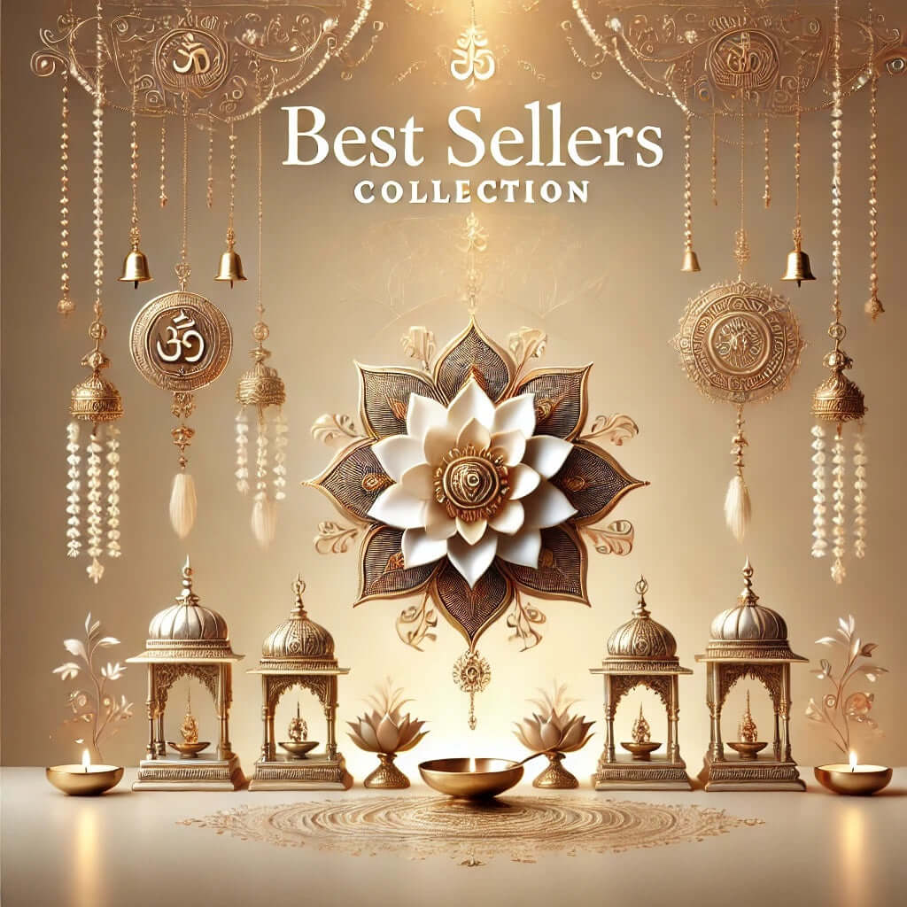 Minimalist and elegant banner for the Best Sellers Collection featuring gold and silver-themed text, temple bells, diyas, and floral motifs on a softly glowing divine background, representing sacred Hindu spiritual gifts.