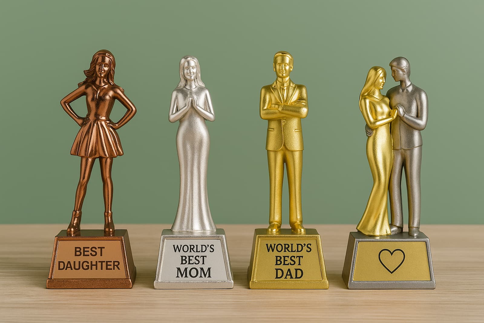Trophy and gifting figurines for daughter, mother, father, and couple in gold and silver plating, displayed on a wooden surface with a soft green background.