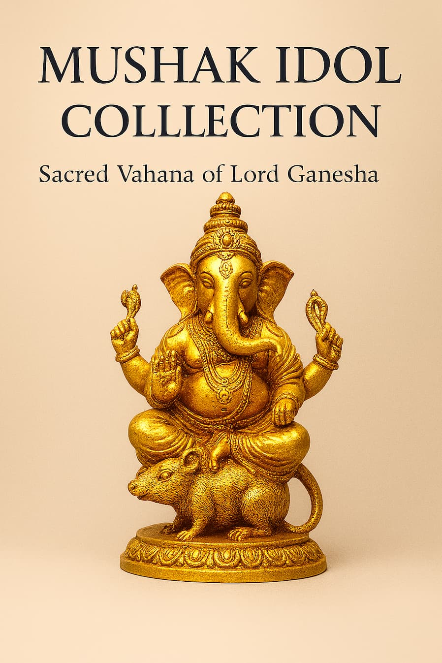 Golden idol of Lord Ganesha seated on Mushak – sacred vahana collection by Gold Art India