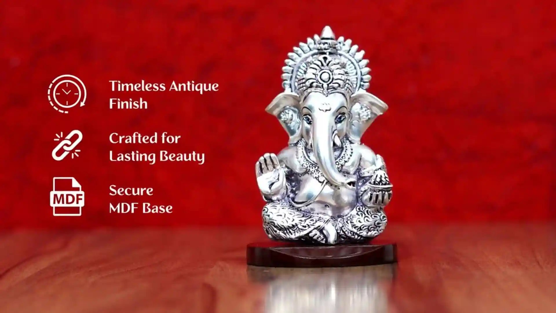 Silver Plated Antique Ganesha Idol with MDF Base – For Car Dashboard & Home Decor
