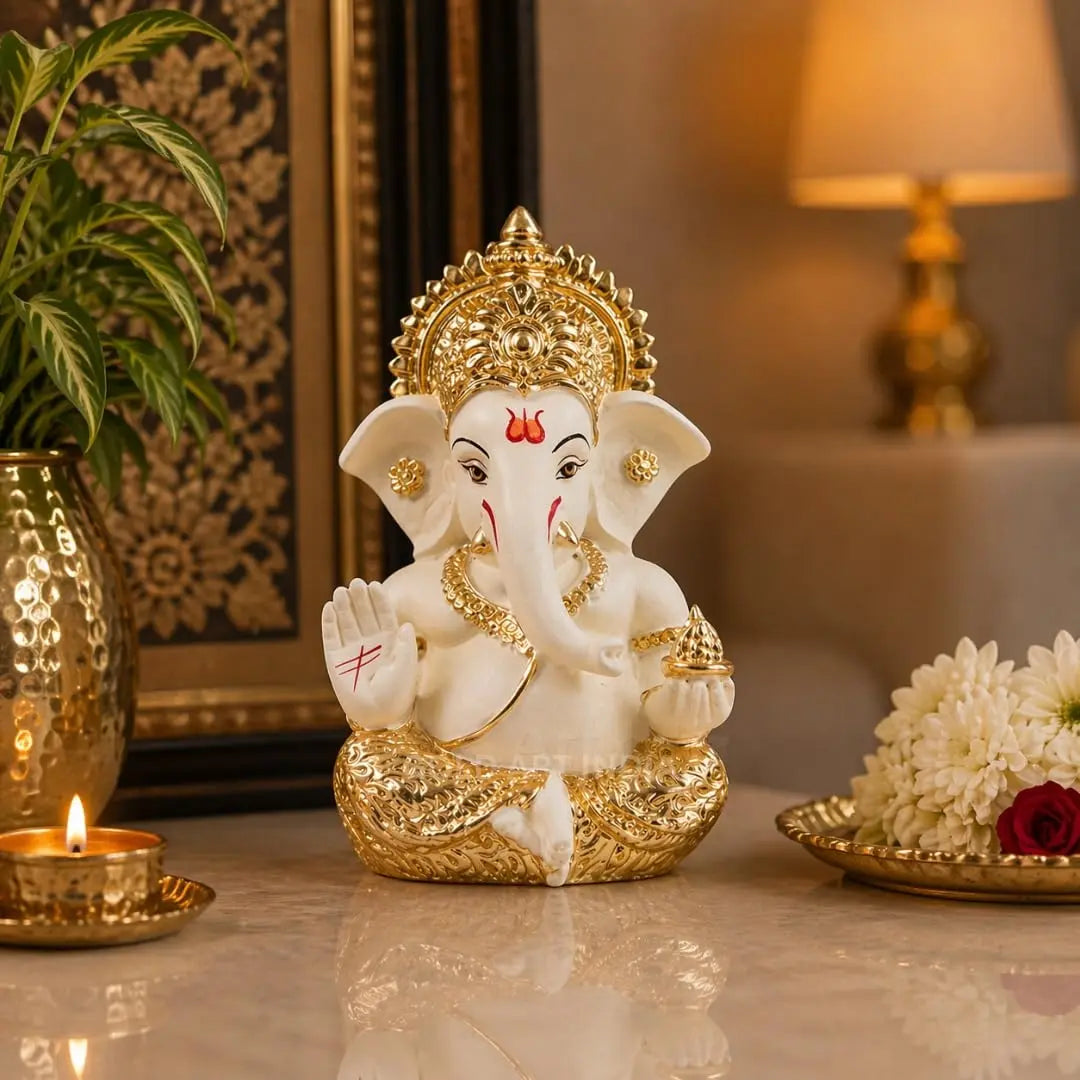 Gold Art India Lord Ganesha Gold Plated Idol | Elegant Off White Finish | 3.5 x 2 Inch Ganesh Murti with Peacock Green Velvet Gift Box | Home Temple, Office Desk, Car Dashboard & Spiritual Gift
