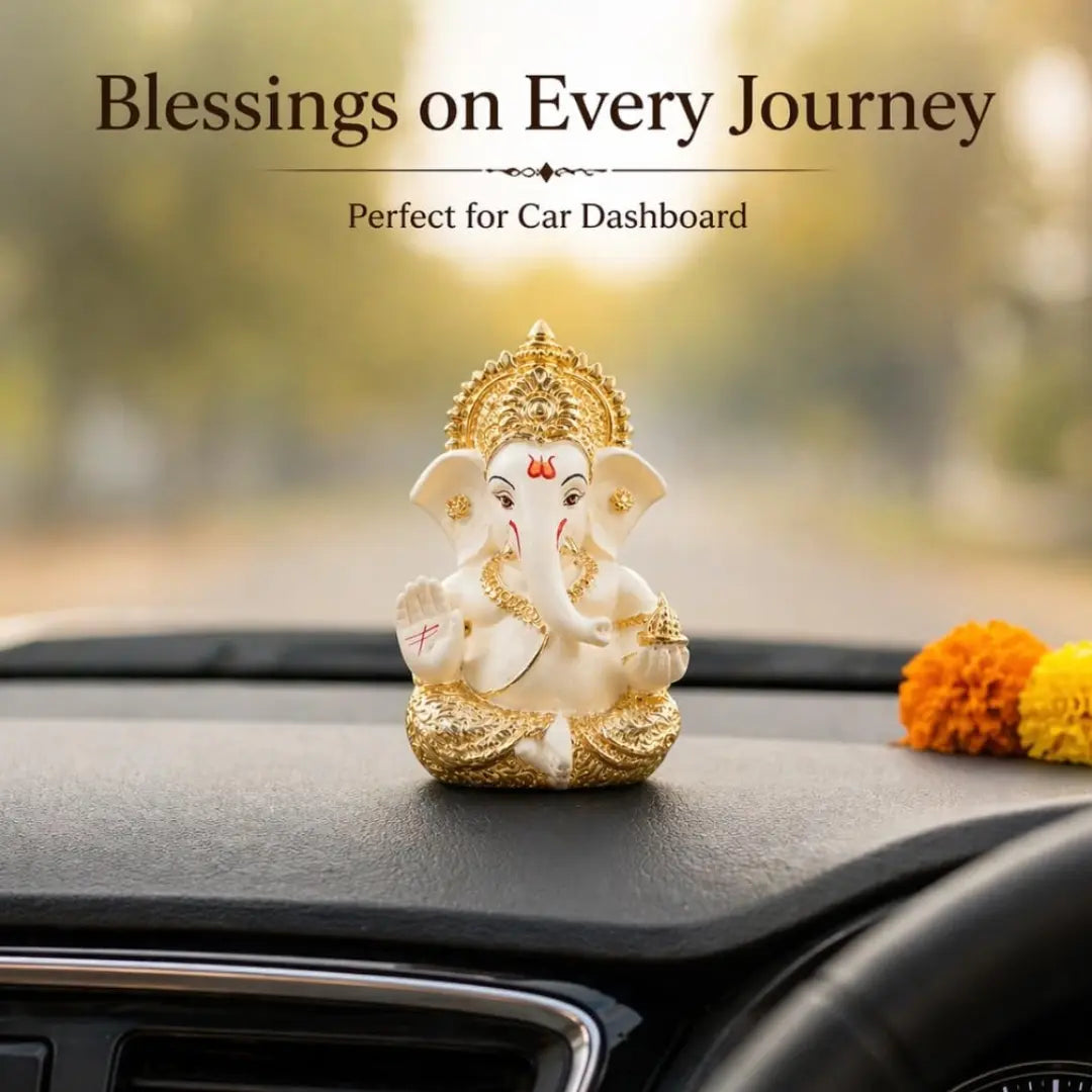 Gold Art India Lord Ganesha Gold Plated Idol | Elegant Off White Finish | 3.5 x 2 Inch Ganesh Murti with Peacock Green Velvet Gift Box | Home Temple, Office Desk, Car Dashboard & Spiritual Gift