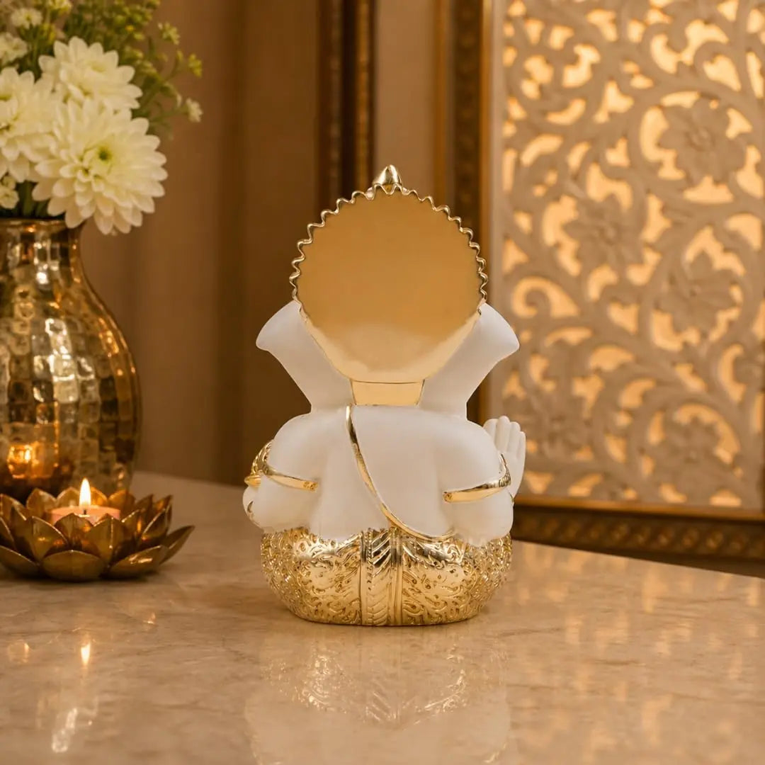 Gold Art India Lord Ganesha Gold Plated Idol | Elegant Off White Finish | 3.5 x 2 Inch Ganesh Murti with Peacock Green Velvet Gift Box | Home Temple, Office Desk, Car Dashboard & Spiritual Gift