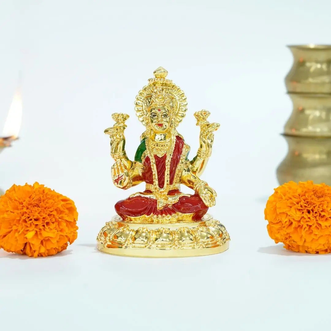 Gold Plated Laxmi Mata Idol for Mandir | Red Enamel Color Work With Gold Plated Coin 3.7 inch | Gold Art India