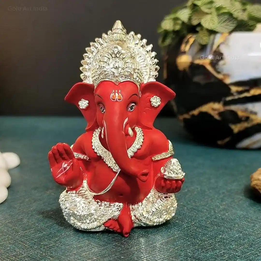 Red Ganesha Idol Silver Plated– For Car Dashboard & Home Decor| Gold Art India