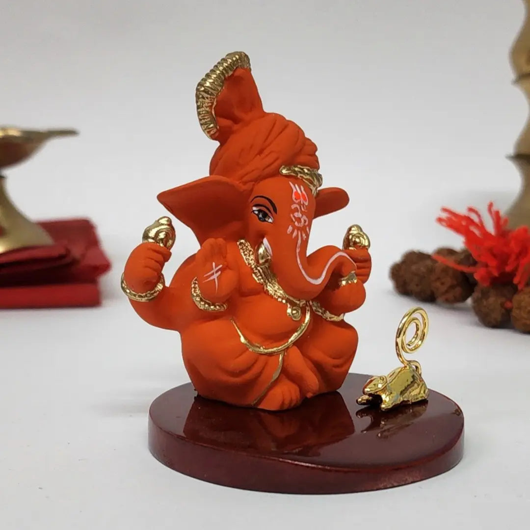 Orange Terracotta Pagadi Ganesh Idol (3") with Gold-Plated Mooshak – Premium Ganesha Murti for Home Temple, Office Desk & Car Dashboard