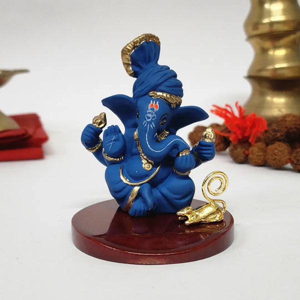 Blue Terracotta Pagadi Ganesh Idol (3") with Gold-Plated Mooshak – Premium Ganesha Murti for Home Temple, Office Desk & Car Dashboard