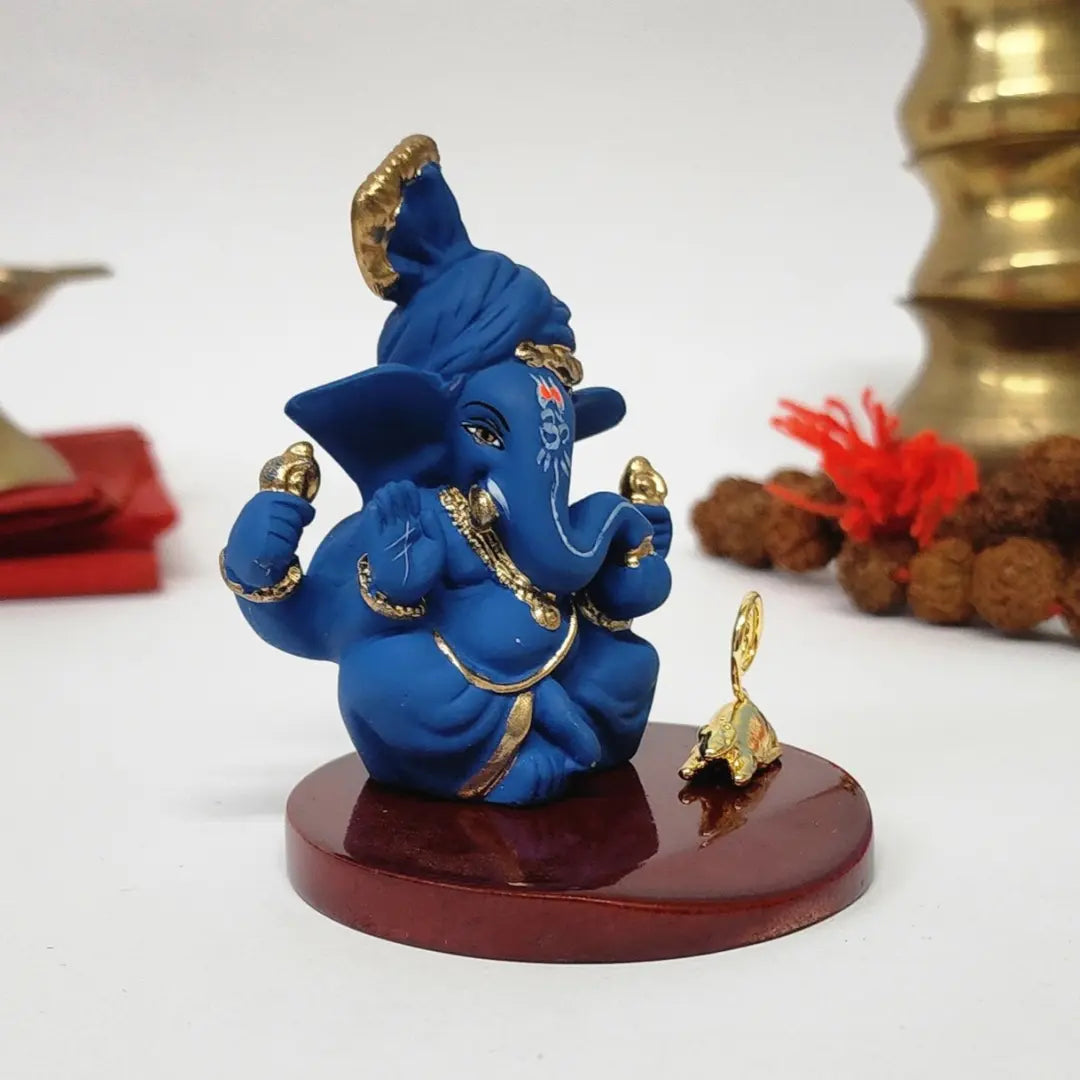 Blue Terracotta Pagadi Ganesh Idol (3") with Gold-Plated Mooshak – Premium Ganesha Murti for Home Temple, Office Desk & Car Dashboard