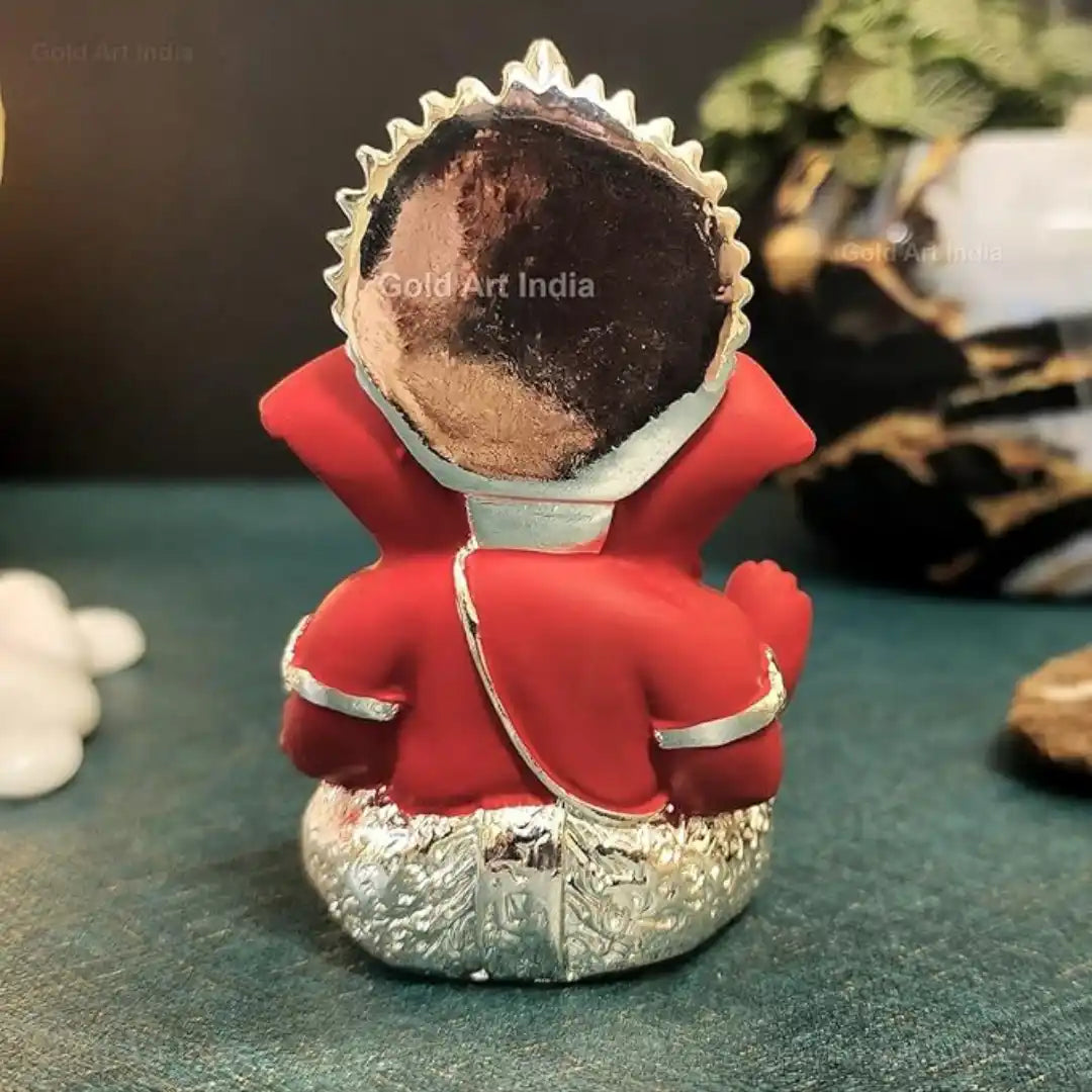 Red Ganesha Idol Silver Plated– For Car Dashboard & Home Decor| Gold Art India