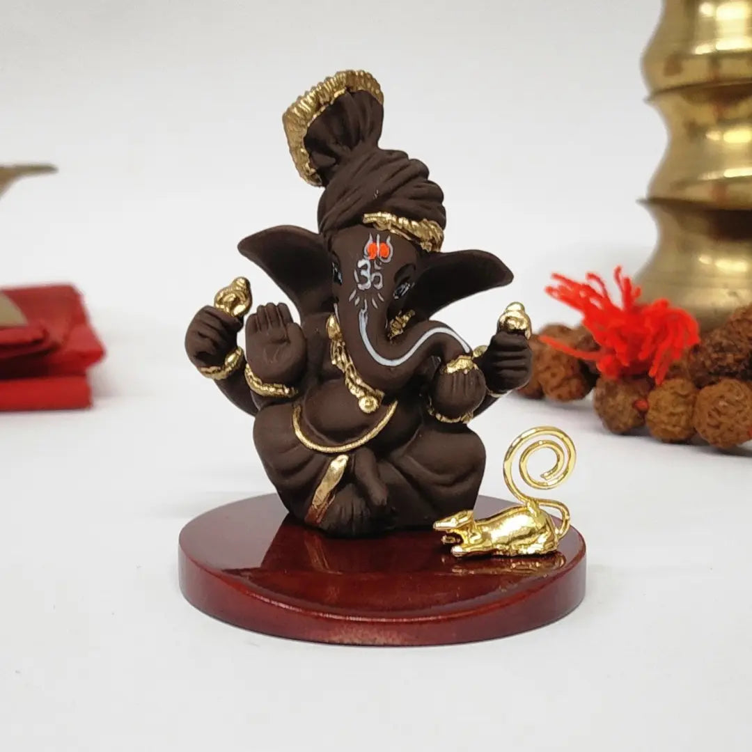 Brown Terracotta Pagadi Ganesh Idol (3") with Gold-Plated Mooshak – Premium Ganesha Murti for Home Temple, Office Desk & Car Dashboard