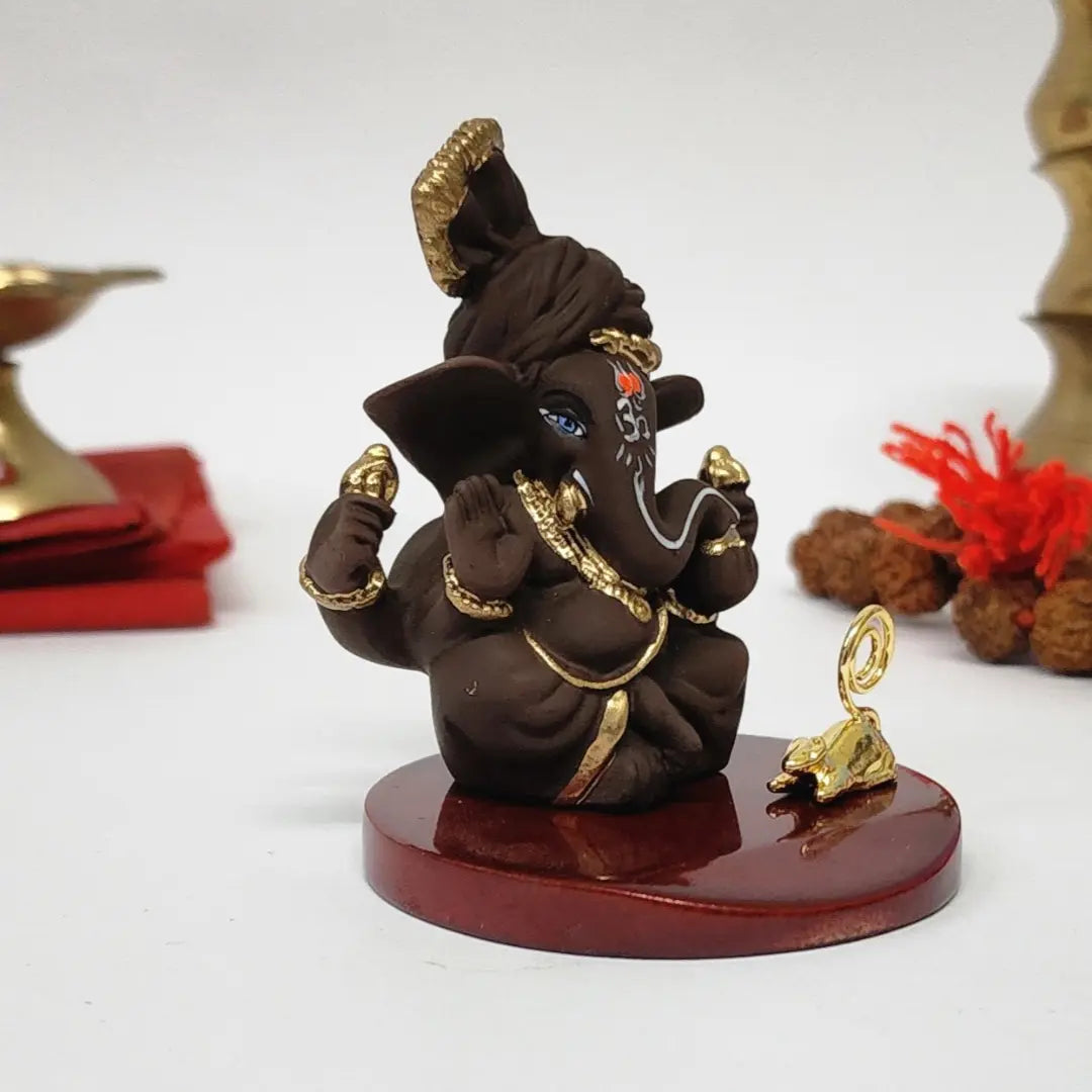 Brown Terracotta Pagadi Ganesh Idol (3") with Gold-Plated Mooshak – Premium Ganesha Murti for Home Temple, Office Desk & Car Dashboard