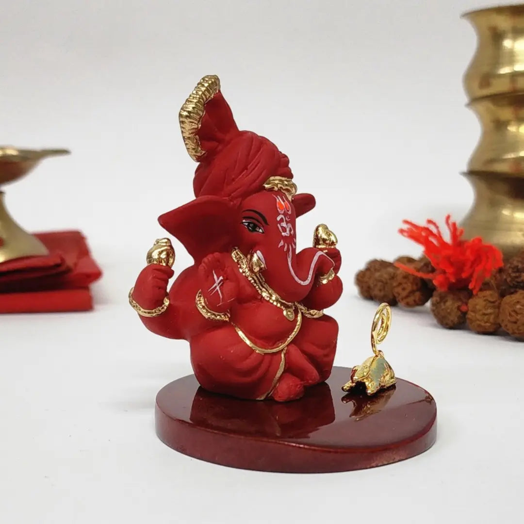 Red Terracotta Pagadi Ganesh Idol (3") with Gold-Plated Mooshak – Premium Ganesha Murti for Home Temple, Office Desk & Car Dashboard