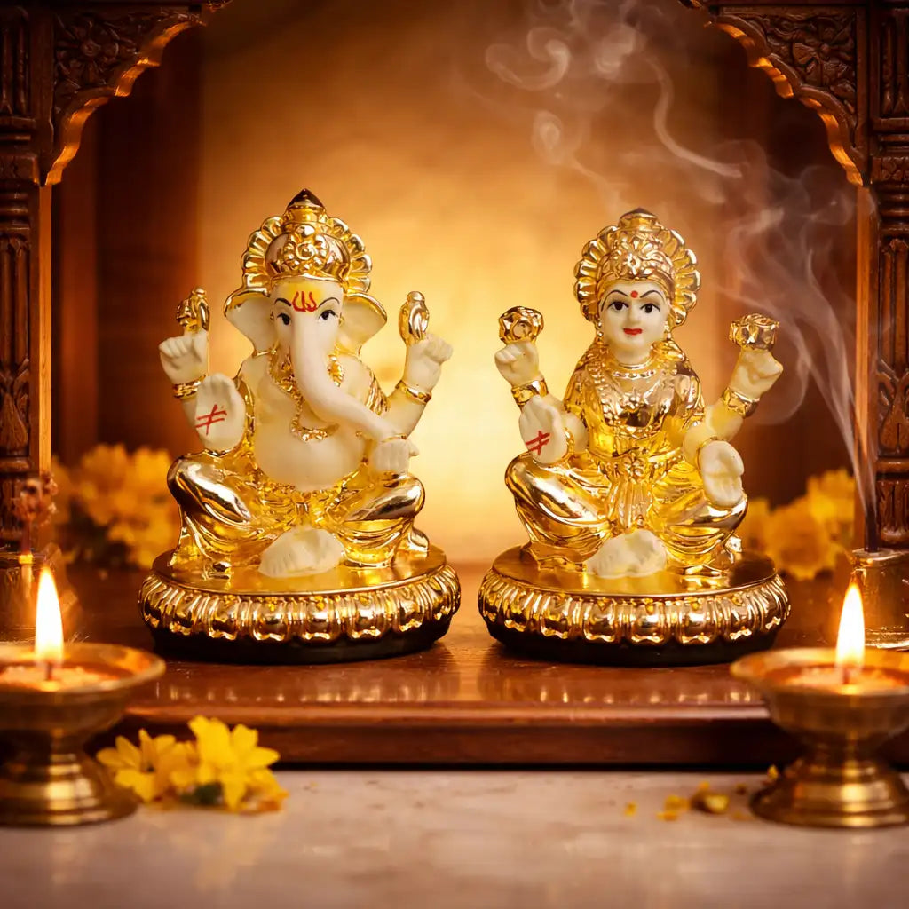 New Chakra Laxmi Ganesha Idol Gold off white 2.7 | Gold Art India
