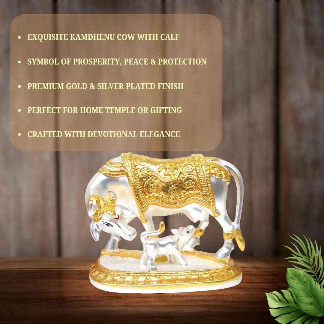 Kamdhenu cow and calf idol – 3 inch matte finish, side view – Gold Art India