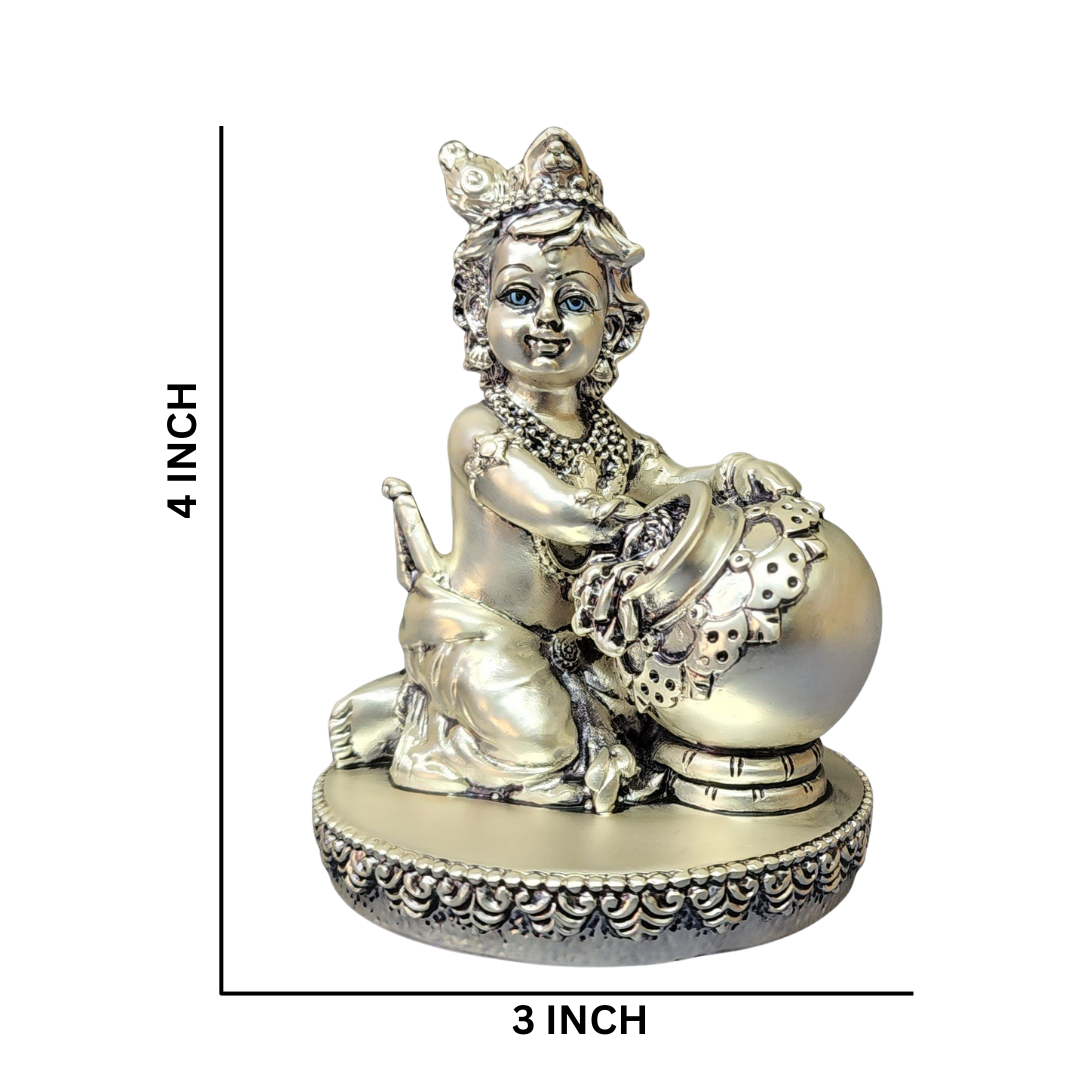 Makhan Krishna Idol – Silver Plated 4x3" | Antique Finish | Gift Idol