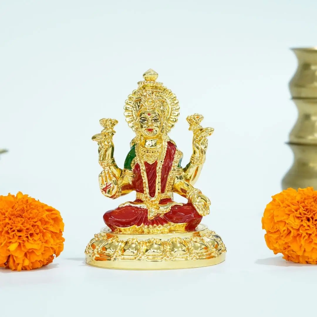 Gold Plated Laxmi Mata Idol for Mandir | Red Enamel Color Work With Gold Plated Coin 3.7 inch | Gold Art India