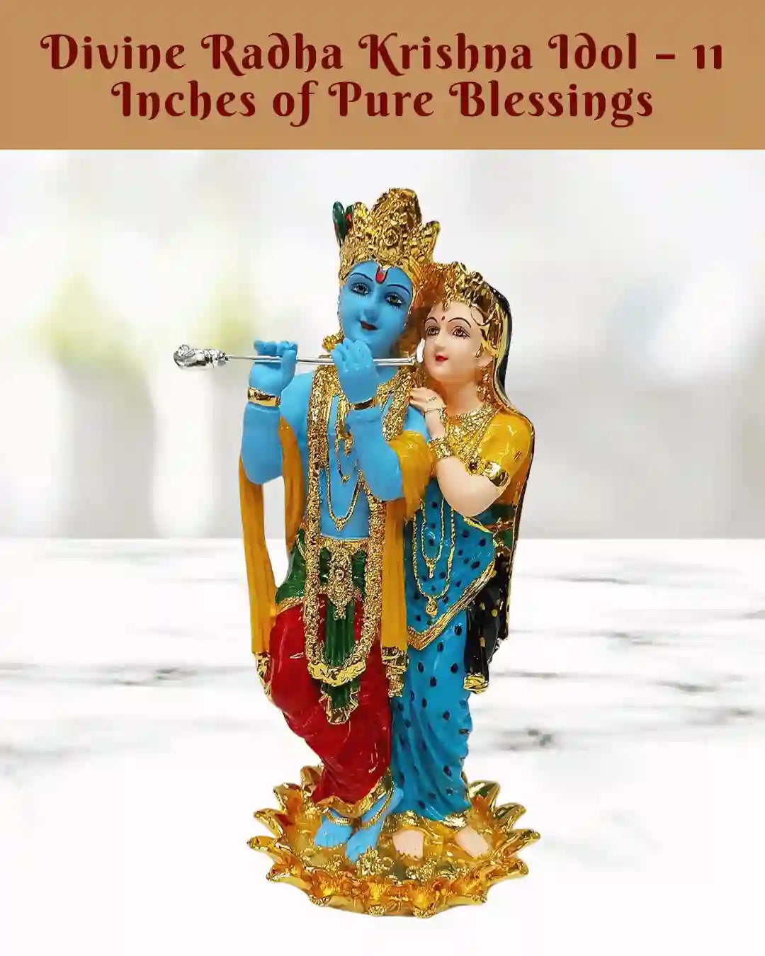 Gold plated Radha Krishna idol, 11 inches tall, perfect for gifting on weddings, birthdays, or Diwali celebrations.