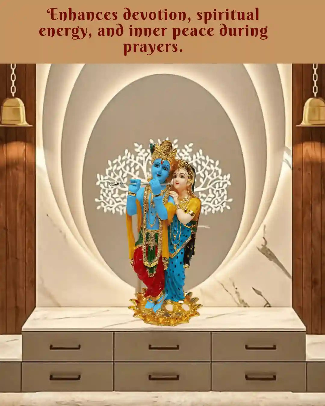 24K gold plated Radha Krishna idol, 11 inches tall, enhances devotion and peace during prayers, beautifully hand-painted.