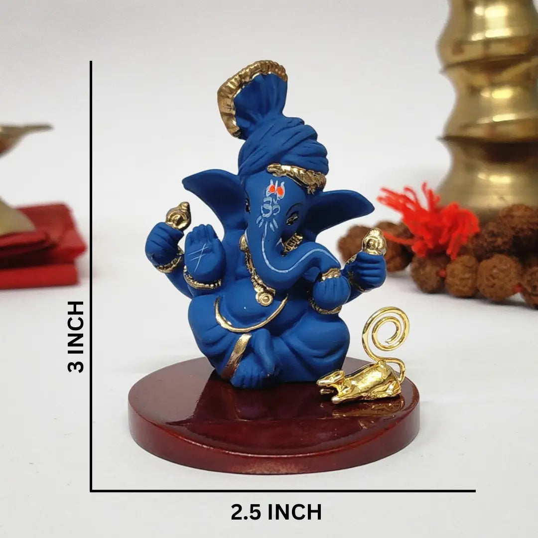 Blue Terracotta Pagadi Ganesh Idol (3") with Gold-Plated Mooshak – Premium Ganesha Murti for Home Temple, Office Desk & Car Dashboard