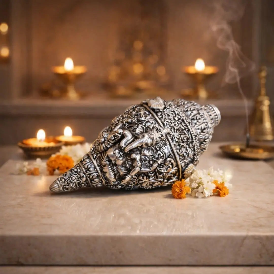 Shank Ganesha – 999 Silver-Plated Antique Matte Conch Idol for Home Decor & Gifting