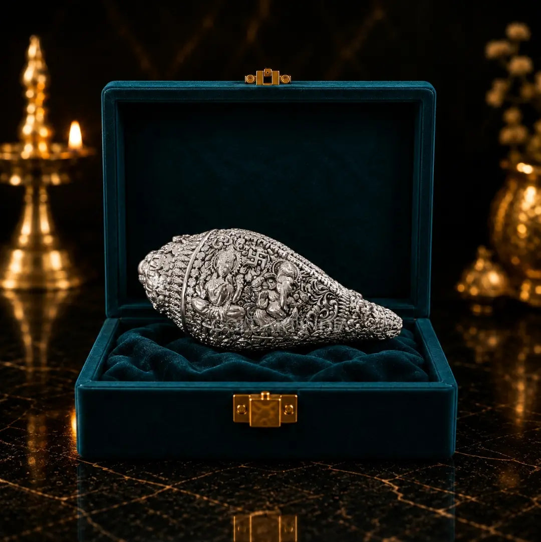 Silver Plated Lakshmi Ganesh Shankh with Sacred Yantra & Shubh Labh Engraving | Premium Velvet Gift Box