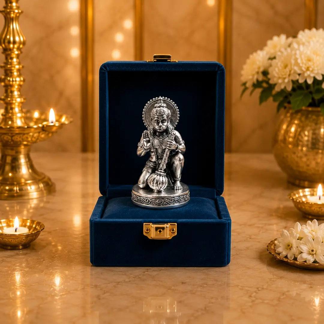 999 Silver Plated Hanuman Idol – 2.8 Inch Antique Matte Finish | Bajrangbali Murti with Premium Velvet Gift Box