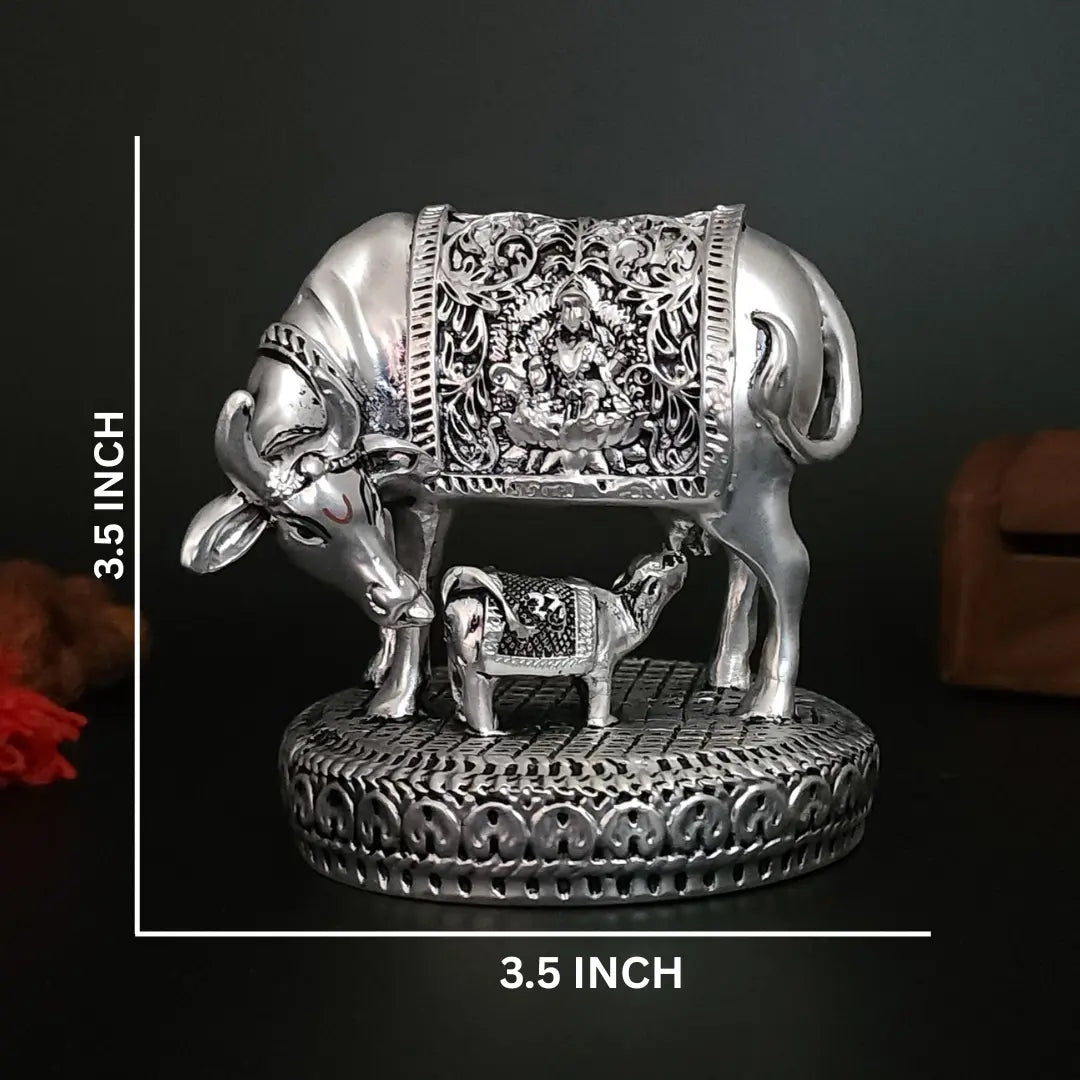 Kamdhenu Cow & Calf Idol – Antique Silver Plated Finish (3.5 Inch)
