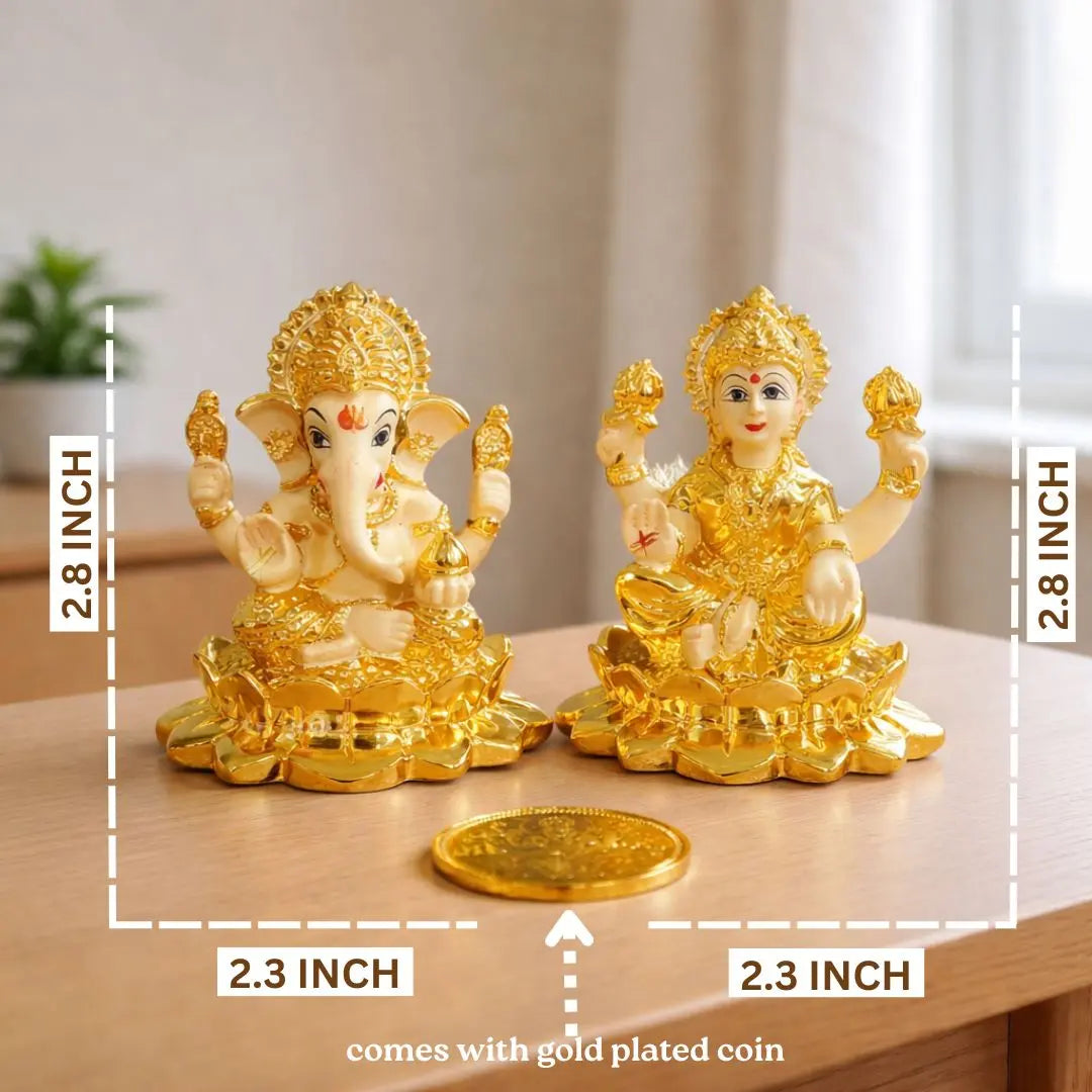 Laxmi Ganesh gold plated off-white terracotta idol – 2.8 inch, size reference – Gold Art India