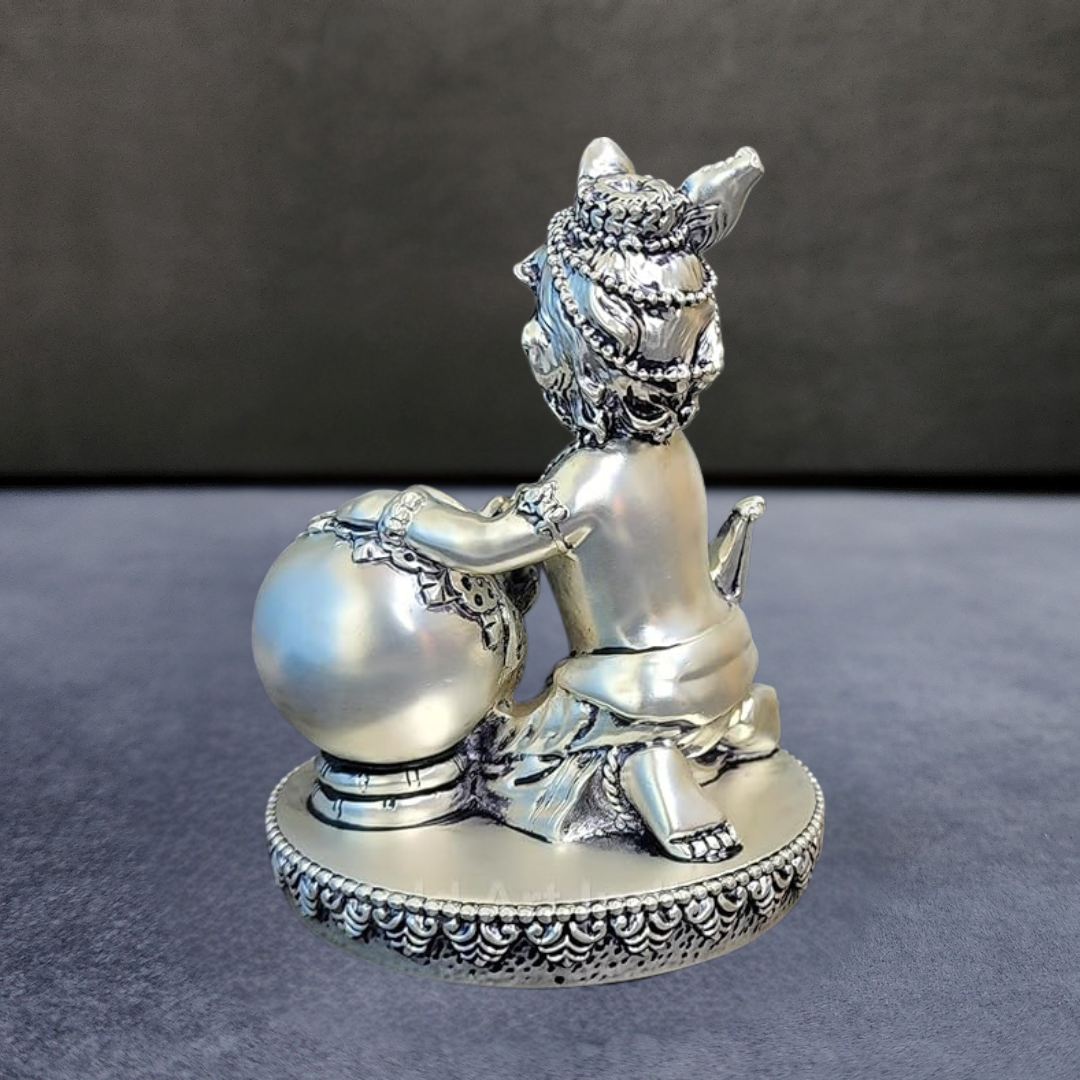 Makhan Krishna Idol – Silver Plated 4x3" | Antique Finish | Gift Idol