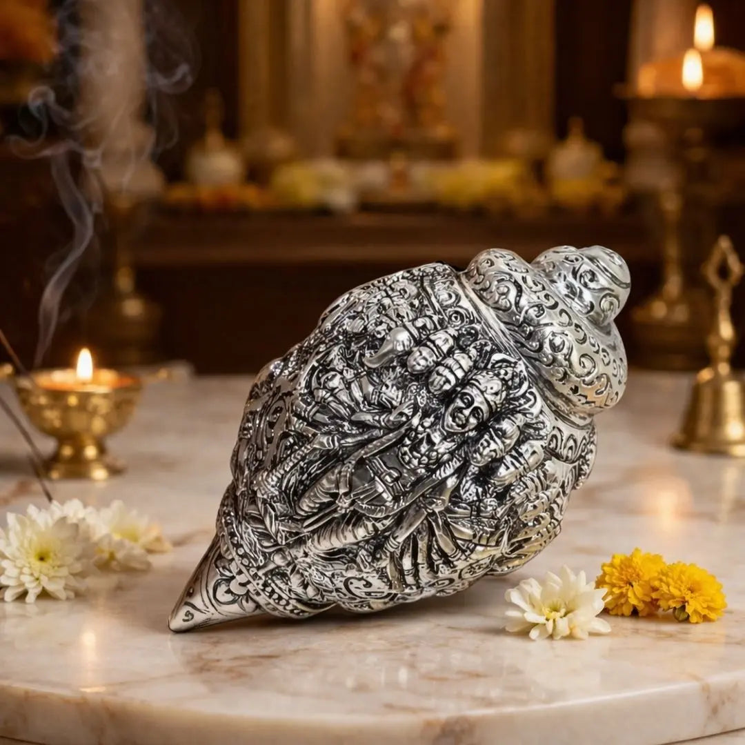 Shank Vishnuji – 999 Silver-Plated Antique Matte Divine Conch | Vishnu Shank for Home & Gifting