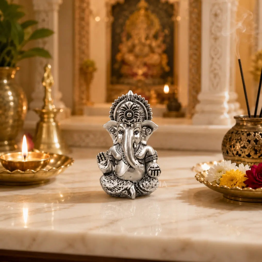 Gold Art India Ganesh Idol 999 Silver Plated Antique Matte Finish | 3 x 2 Inch Polyresin Ganesha Murti with Peacock Blue Velvet Gift Box | Home Temple, Office Desk & Spiritual Gift