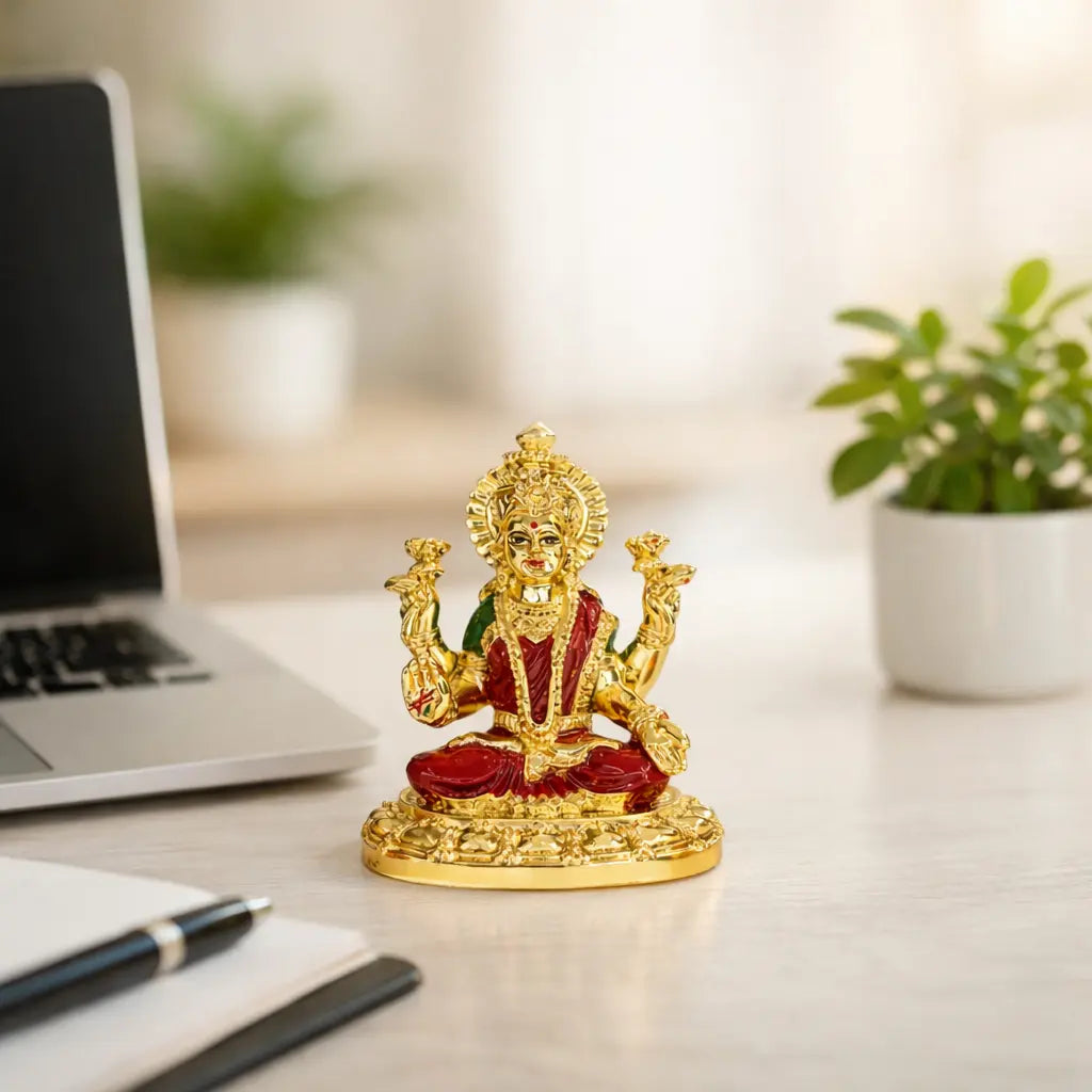 Laxmi Mata gold plated idol – 3.7 inch, angled view – Gold Art India