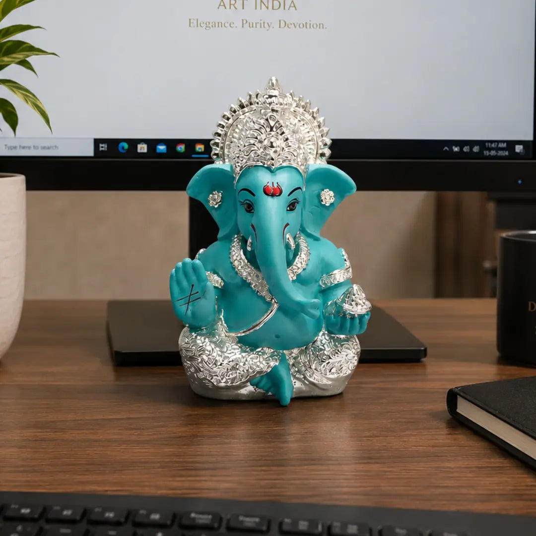 Gold Art India 999 Silver Plated Ganesha Idol | Fountain Blue Terracotta Finish | 3.5 Inch Ganpati Murti for Car Dashboard, Home Decor & Gifting